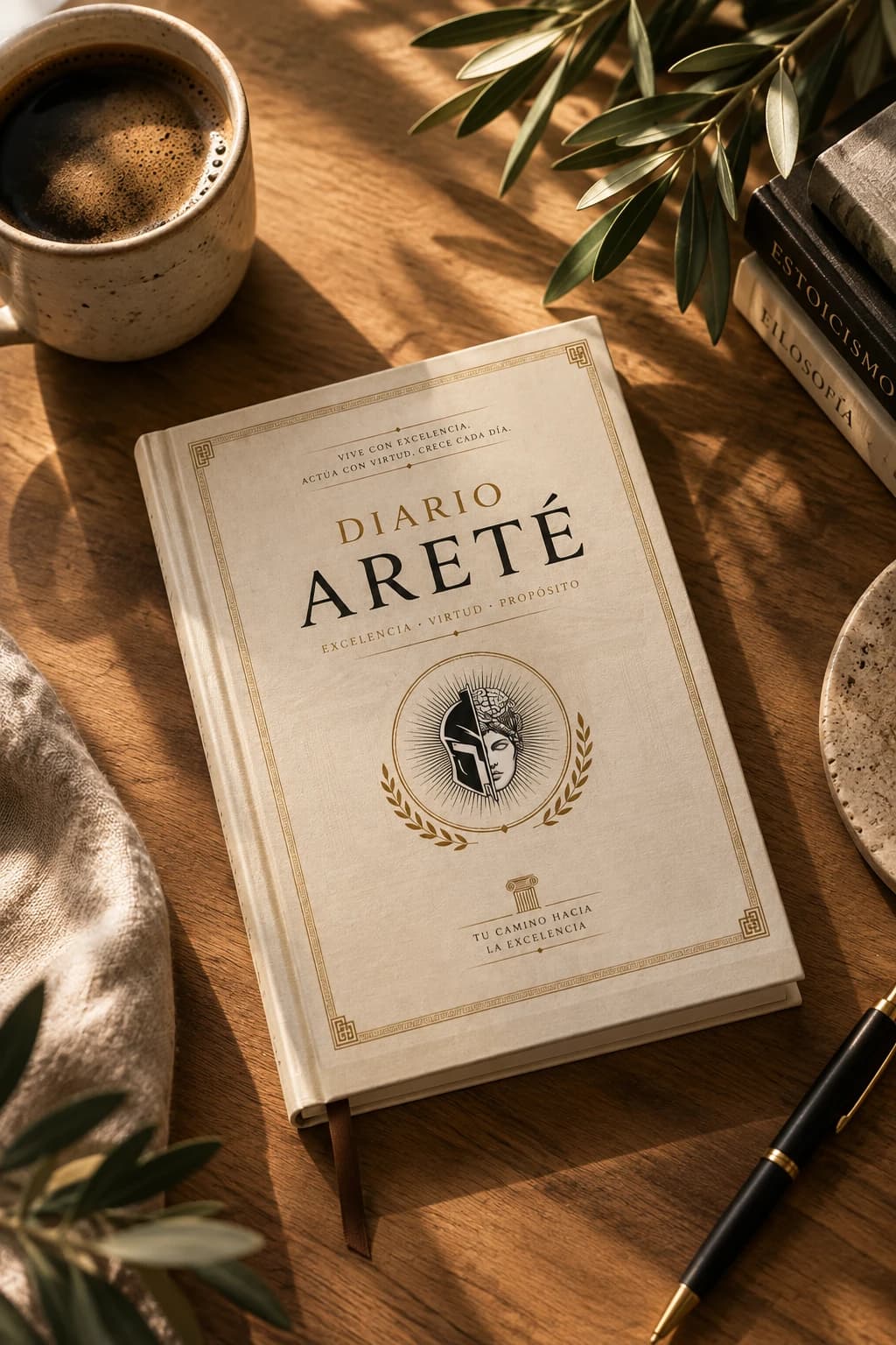 Diario Areté: cuaderno sobre una mesa de madera, junto a una taza de café, ramas de olivo y libros de filosofía